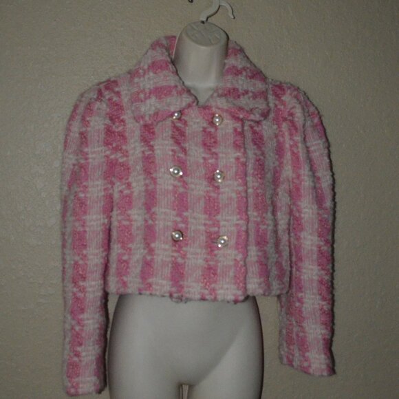 $774 Sz 4 Love Shack Fancy Mews Pink White Tweed Cropped Jacket Blazer - Picture 4 of 12